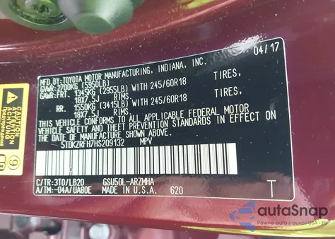 2017 Toyota Highlander Xle из США, поврежденный, VIN 5TDKZRFH7HS209132